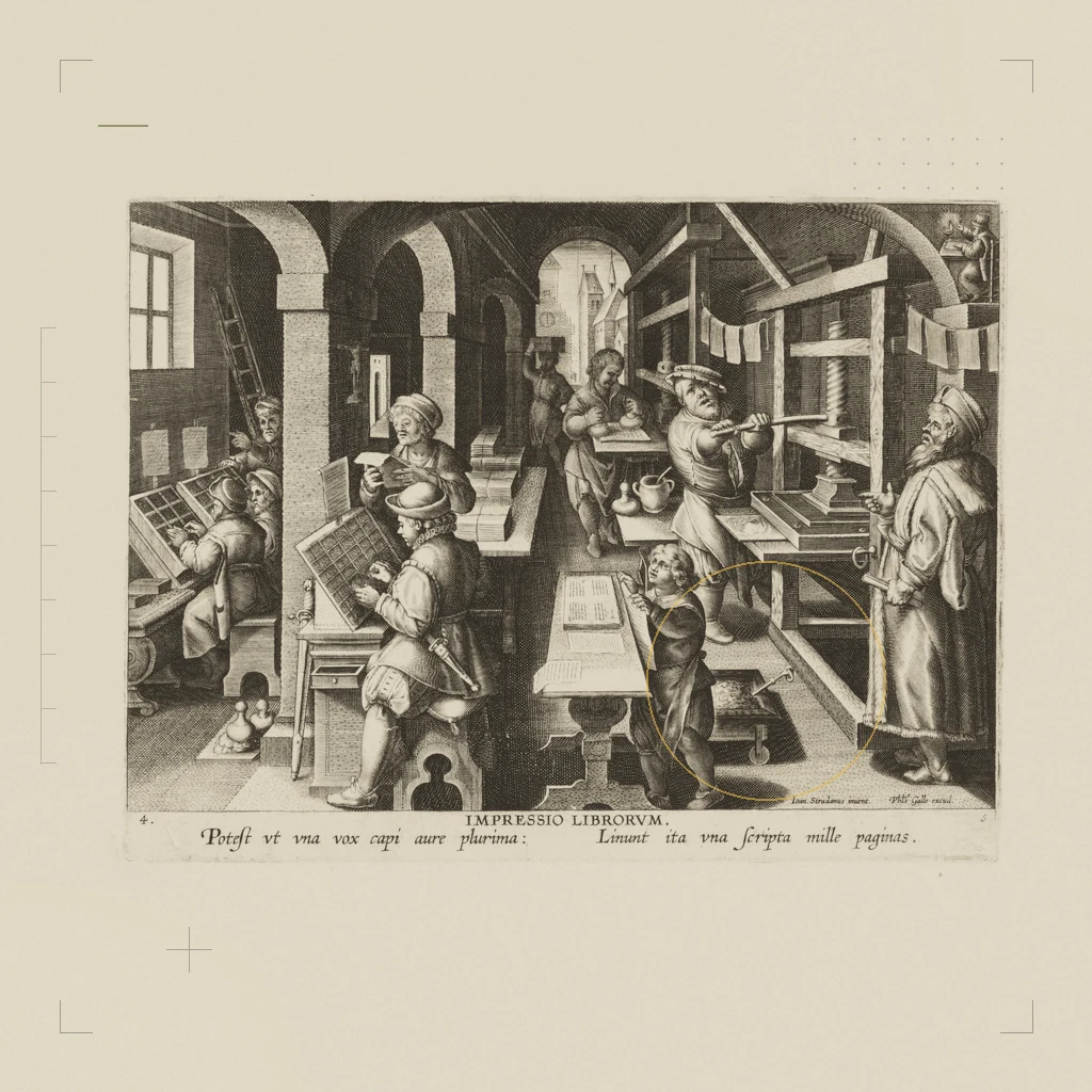 New Inventions of Modern Times [Nova Reperta], The Invention of Book Printing, plate 4. The Met, CC0, retravaillé en planche de collage.