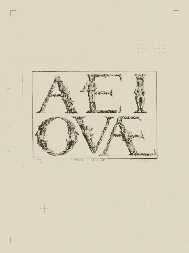 Alphabet Letters (5 Vowels). The Met, CC0, retravaillé en planche de collage.