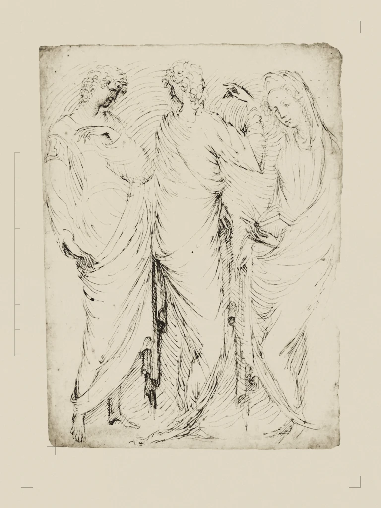 Three Standing Figures (recto); Seated Woman and a Male Hermit in Half-length (verso). The Met, CC0, retravaillé en planche de collage.